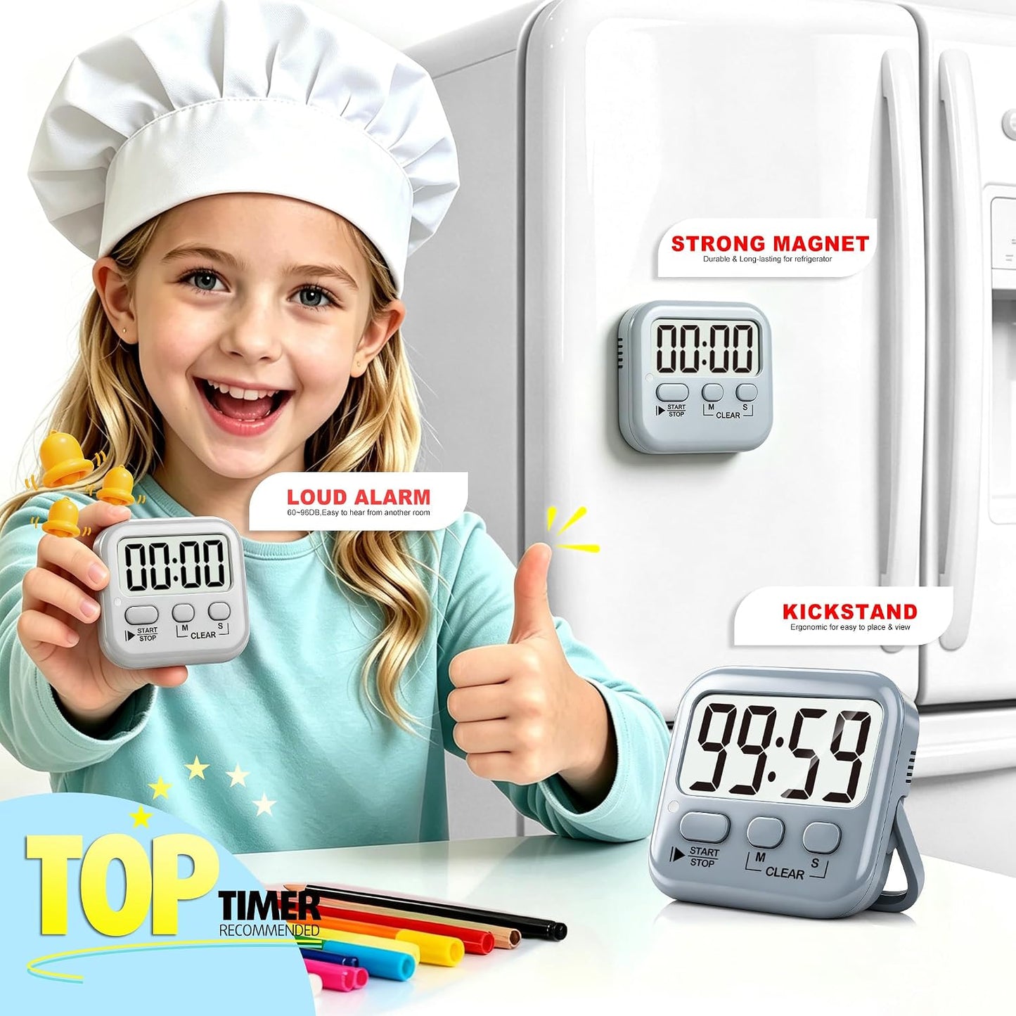 2 Pack Digital Timer for Kids Classroom Kitchen Timers for Cooking | Compact, Easy to View, Alarm/Mute LED Remind, Count Down/Up, Magnetic/Kickstand/Hanging, Classroom Timer for Teacher Supplies