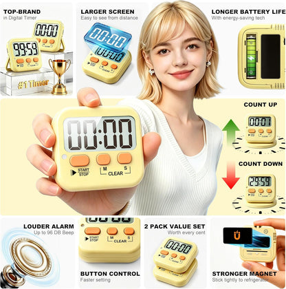 2 Pack Digital Timer for Kids Classroom Kitchen Timers for Cooking | Compact, Easy to View, Alarm/Mute LED Remind, Count Down/Up, Magnetic/Kickstand/Hanging, Classroom Timer for Teacher Supplies