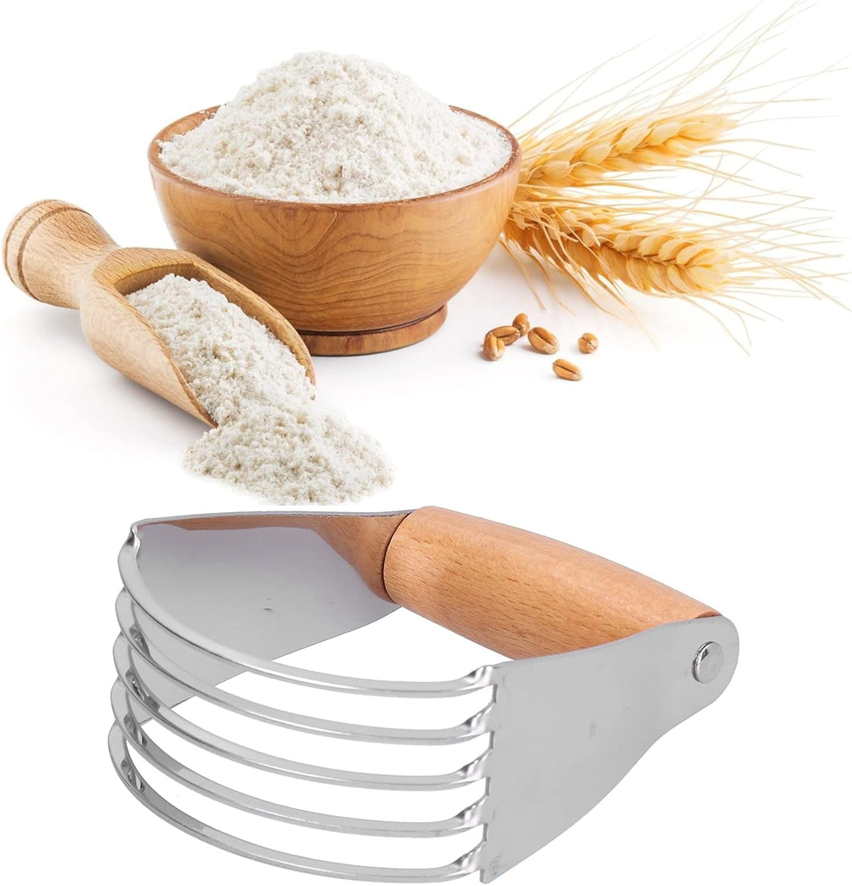 5 Blades Pastry Blender, Stainless Steel Dough Blender with Wooden Grip, Sharp Dishwasher Safe Baking Pastry Cutter Tool for Pastries, Pizza, Butter, Cake, Eggs, Potatoes, 4.5 x 3.7in