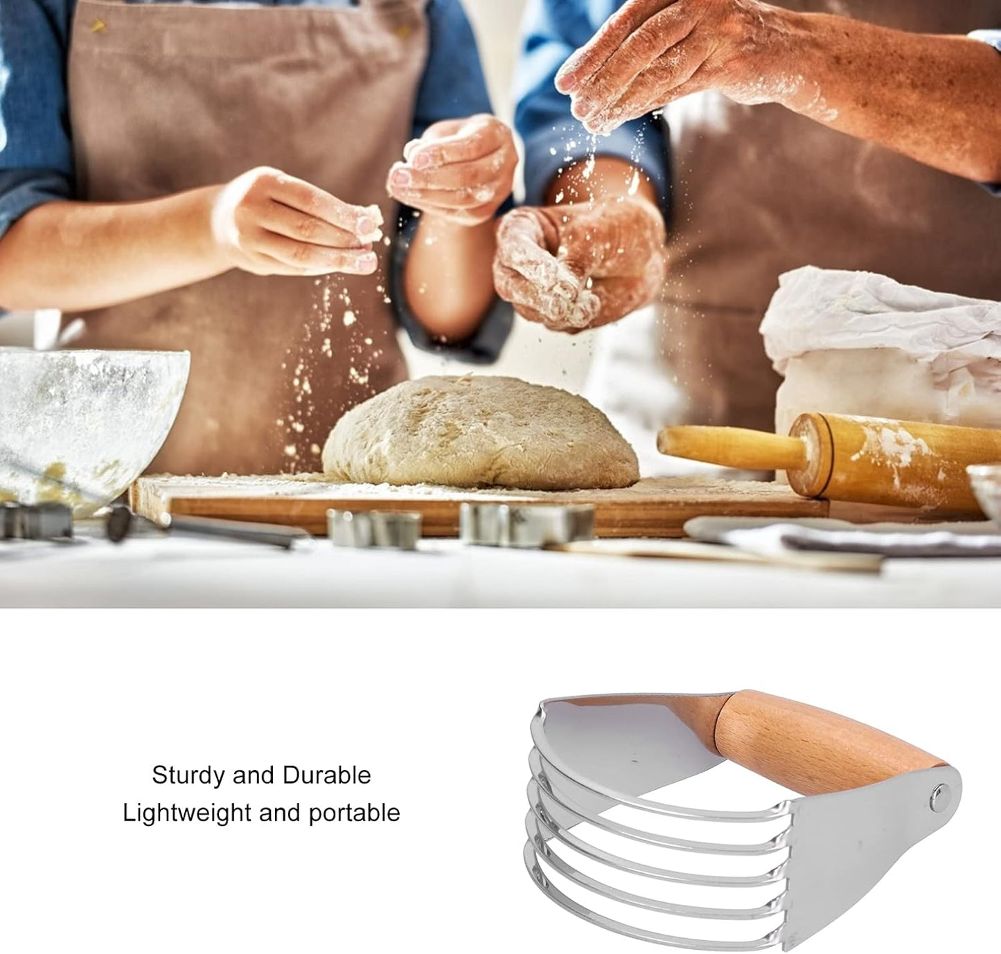 5 Blades Pastry Blender, Stainless Steel Dough Blender with Wooden Grip, Sharp Dishwasher Safe Baking Pastry Cutter Tool for Pastries, Pizza, Butter, Cake, Eggs, Potatoes, 4.5 x 3.7in