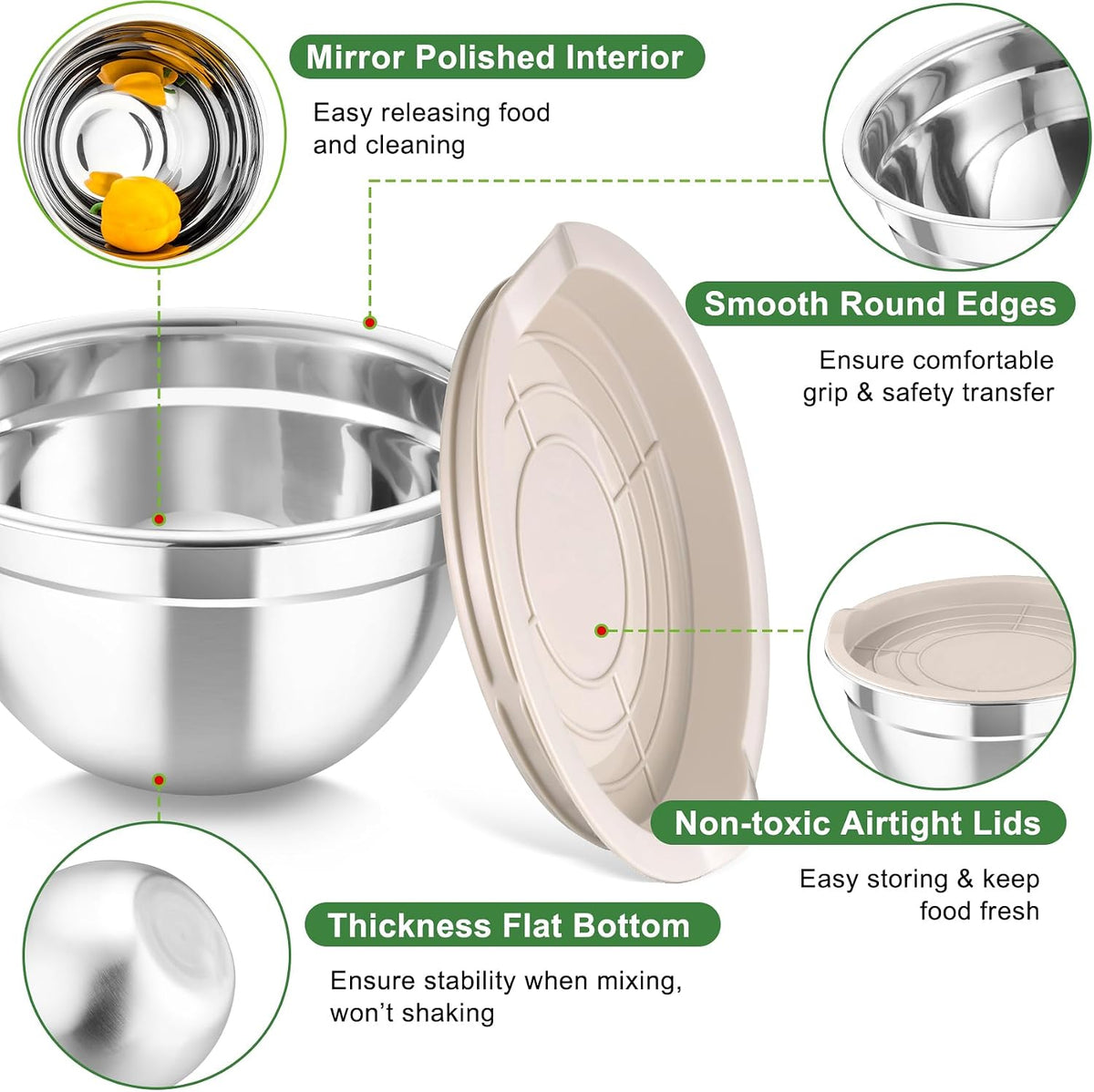 Mixing Bowls with Lids, 5PCS Stainless Steel Metal Salad Bowl
