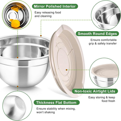 Mixing Bowls with Lids, 5PCS Stainless Steel Metal Salad Bowl