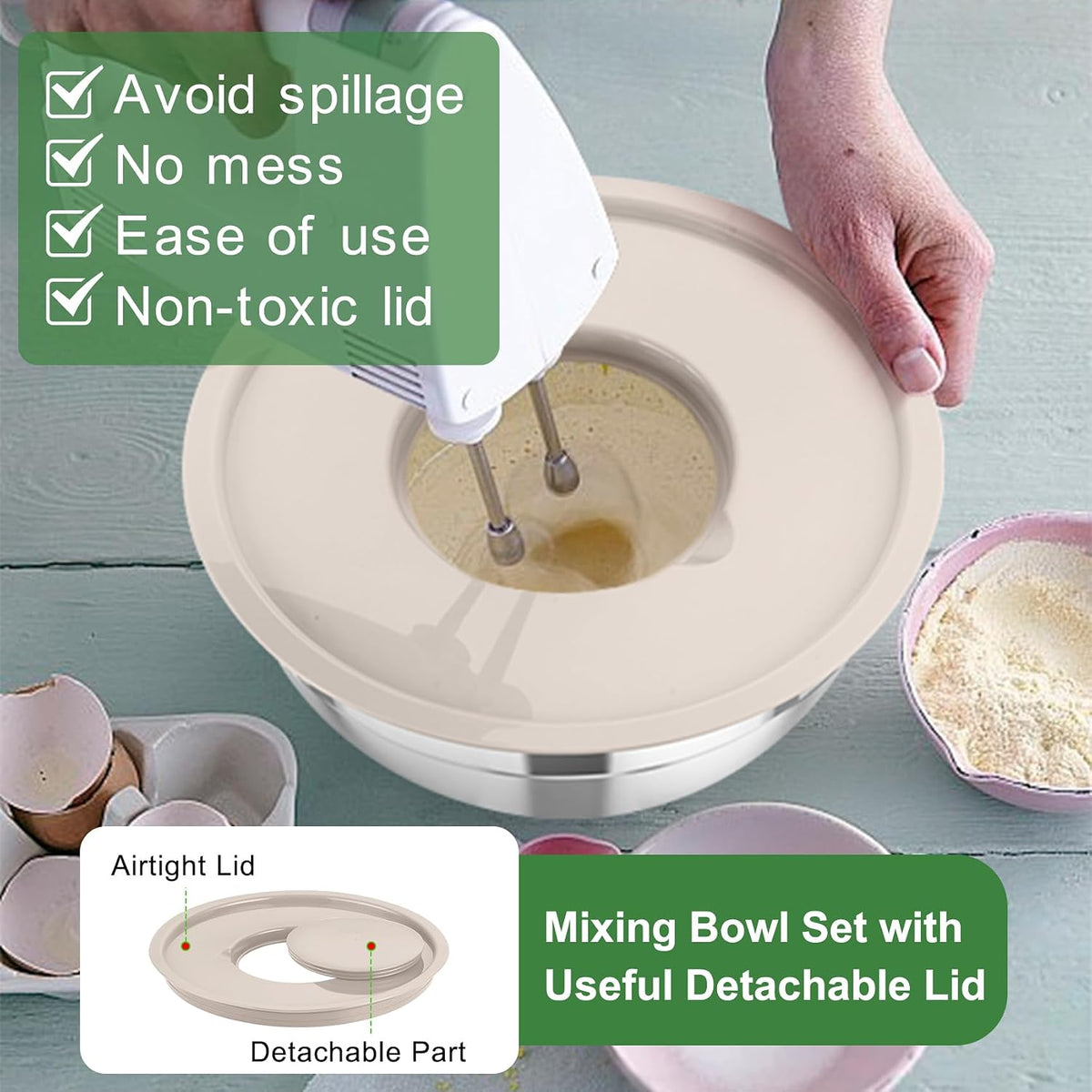Mixing Bowls with Lids, 5PCS Stainless Steel Metal Salad Bowl