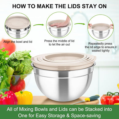 Mixing Bowls with Lids, 5PCS Stainless Steel Metal Salad Bowl