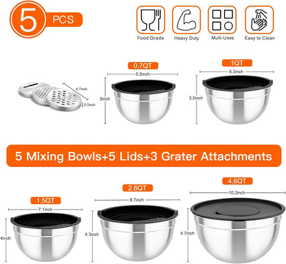 Mixing Bowls with Lids, 5PCS Stainless Steel Metal Salad Bowl