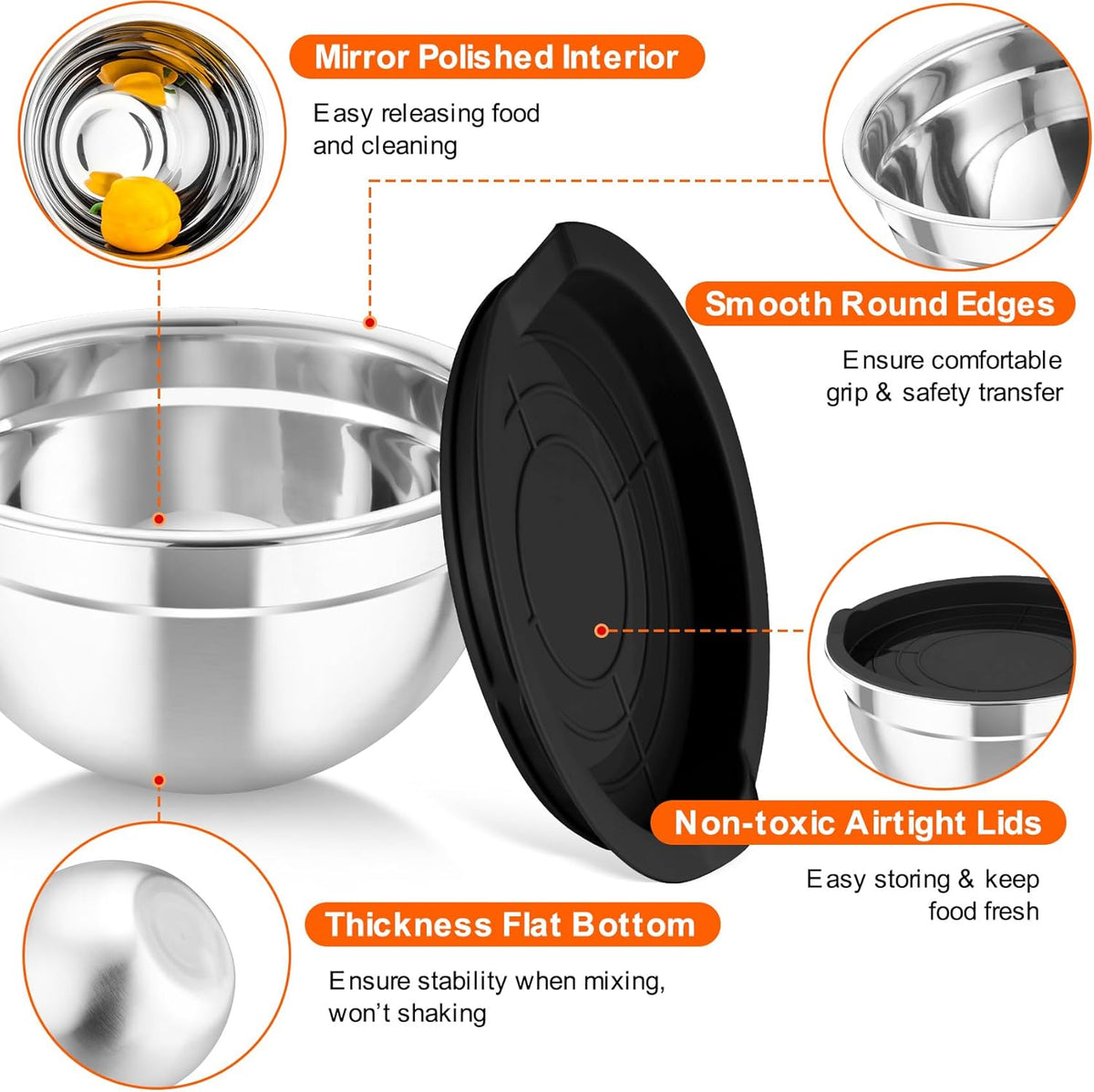 Mixing Bowls with Lids, 5PCS Stainless Steel Metal Salad Bowl