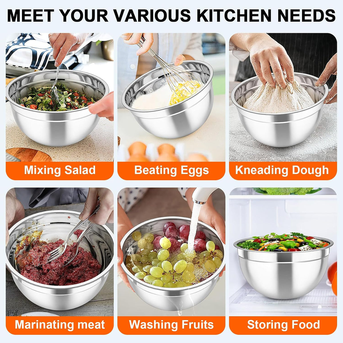 Mixing Bowls with Lids, 5PCS Stainless Steel Metal Salad Bowl