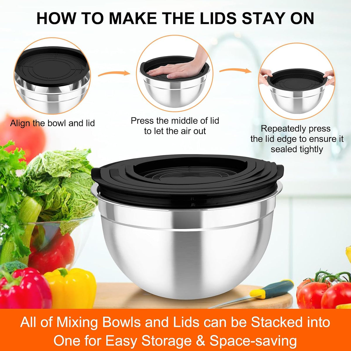 Mixing Bowls with Lids, 5PCS Stainless Steel Metal Salad Bowl