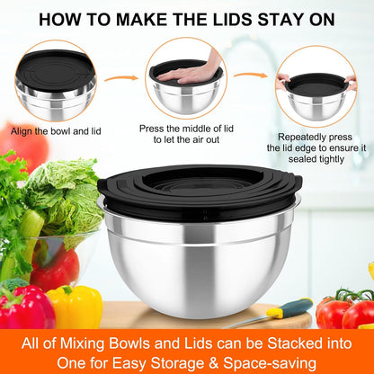 Mixing Bowls with Lids, 5PCS Stainless Steel Metal Salad Bowl