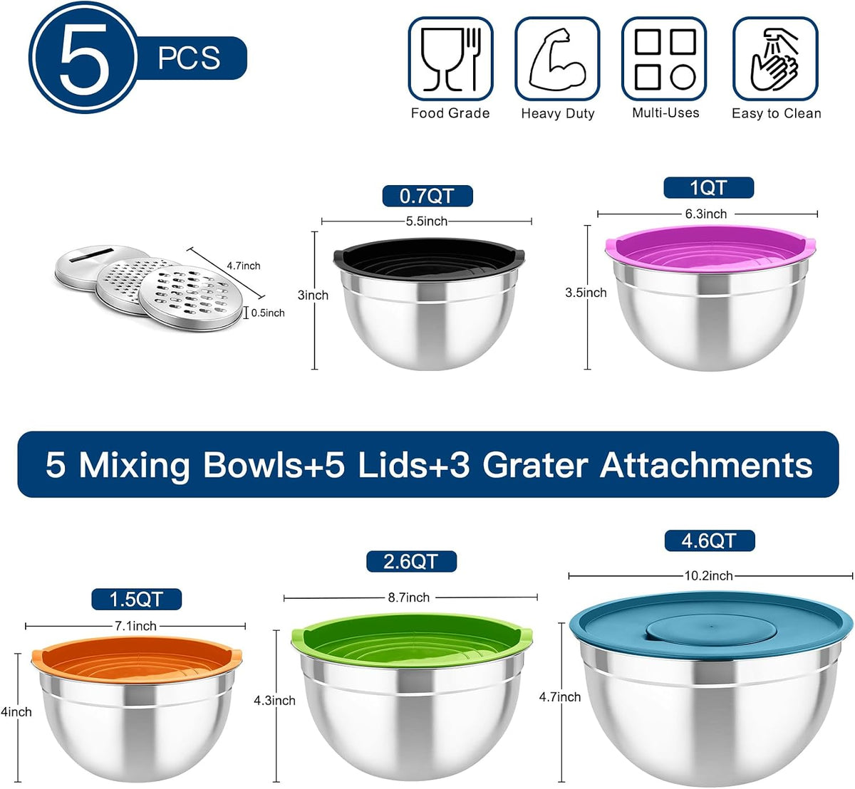 Mixing Bowls with Lids, 5PCS Stainless Steel Metal Salad Bowl