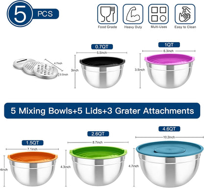 Mixing Bowls with Lids, 5PCS Stainless Steel Metal Salad Bowl