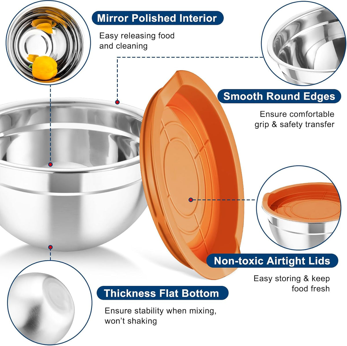 Mixing Bowls with Lids, 5PCS Stainless Steel Metal Salad Bowl