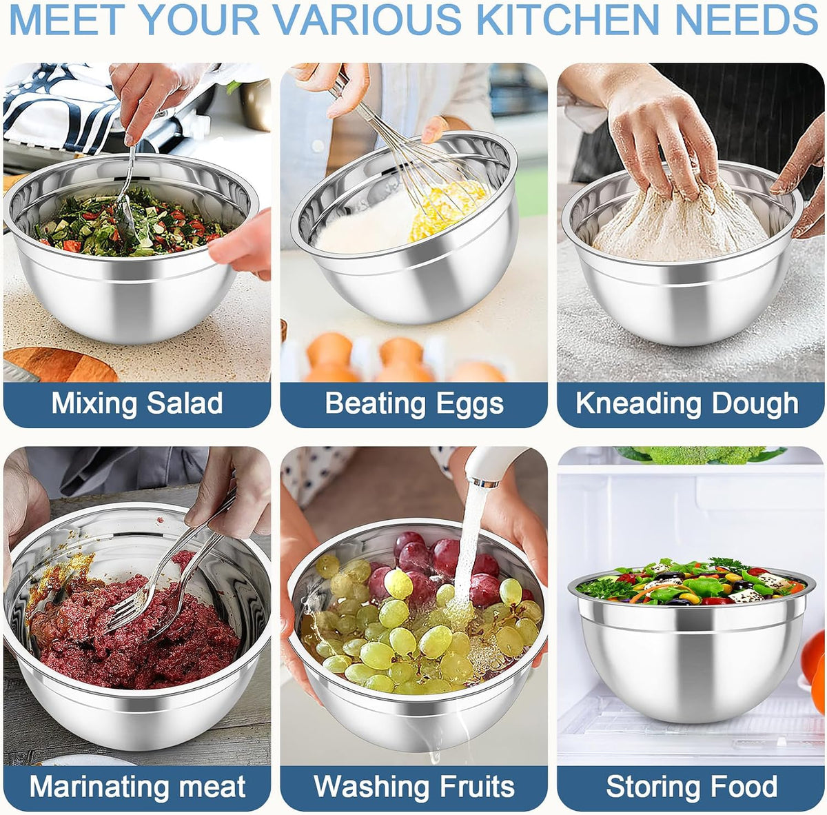 Mixing Bowls with Lids, 5PCS Stainless Steel Metal Salad Bowl
