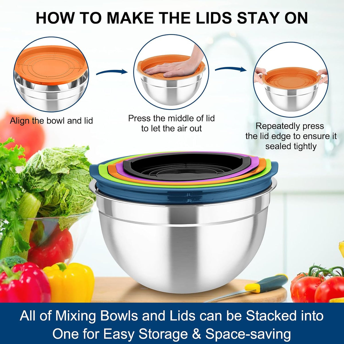 Mixing Bowls with Lids, 5PCS Stainless Steel Metal Salad Bowl