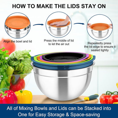 Mixing Bowls with Lids, 5PCS Stainless Steel Metal Salad Bowl