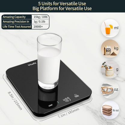 33lb/15kg Digital Food Scale in High Precision 0.1oz/1g, Our Own Kitchen Scale Professional Factory Since 2001, Kitchen Essentials for Cooking & Baking, LED, 3 AAA Battery, Spray Silver Black