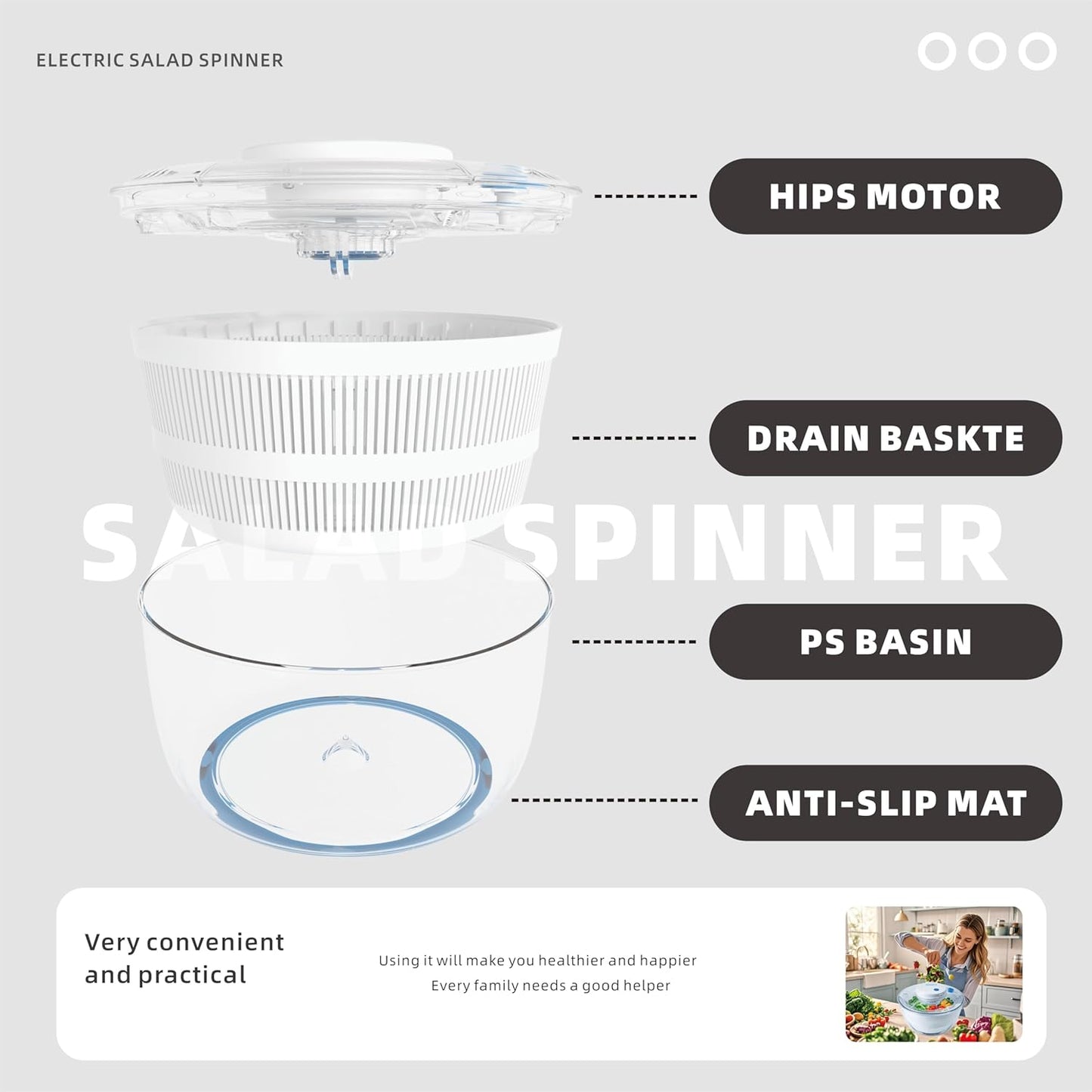 Electric Salad Spinner 4Qt – Rechargeable Lettuce Washer & Vegetable Dryer with 2+ Month Battery Life, Type-C, Detachable Parts, Spin Dry Kitchen Gadget for Greens Herbs Berries