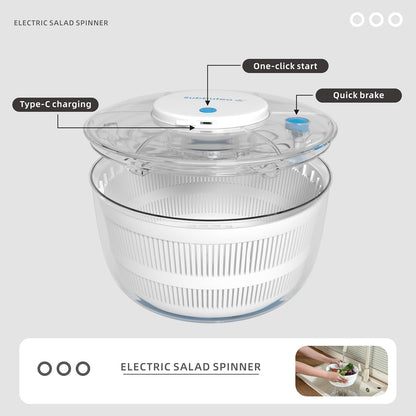 Electric Salad Spinner 4Qt – Rechargeable Lettuce Washer & Vegetable Dryer with 2+ Month Battery Life, Type-C, Detachable Parts, Spin Dry Kitchen Gadget for Greens Herbs Berries