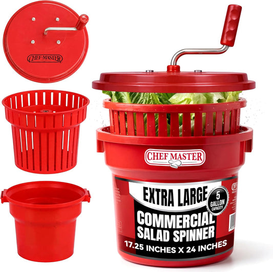 5 Gallon Chef Master Commercial Salad Spinner Dryer – Hand Powered Manual Lettuce Spinner and Fruit Washer Bowl w/ Strainer - Sealed Gearbox, Built In Brake System - Durable Spinner Mechanism - 90005