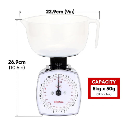 11lb Analog Food Scale Mechanical Dial Kitchen Scale | Removable Measuring Cup, Tare Function