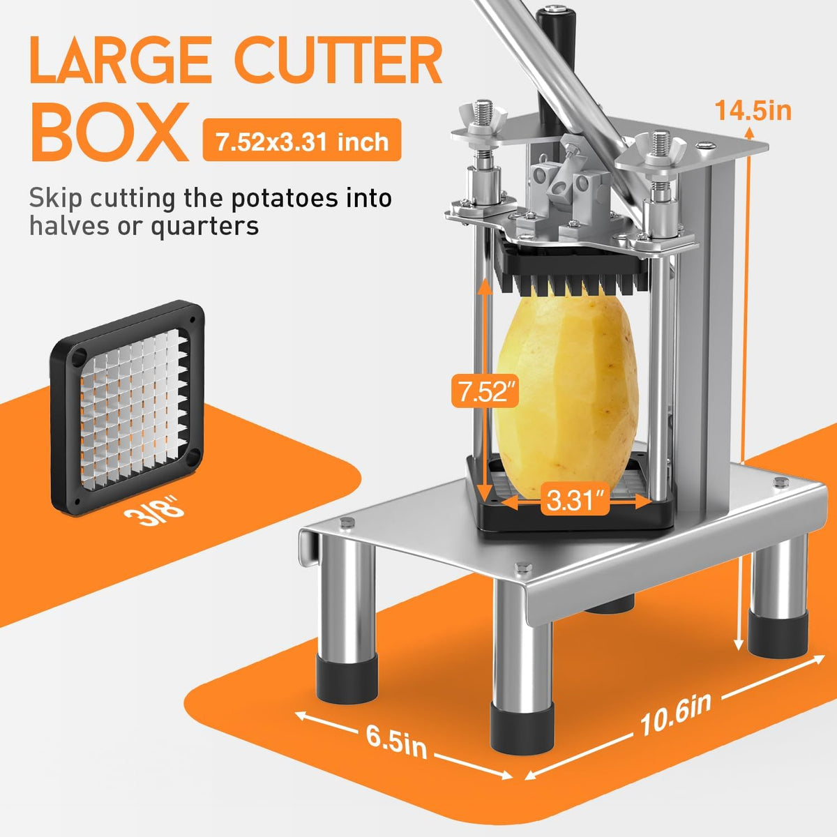 Commercial French Fry Cutter with Stainless Steel 3/8" Blades, Heavy Duty Lemon Potato Cutter for French Fries with Extended Handle, Potato Slicer for Home and Restaurant Use