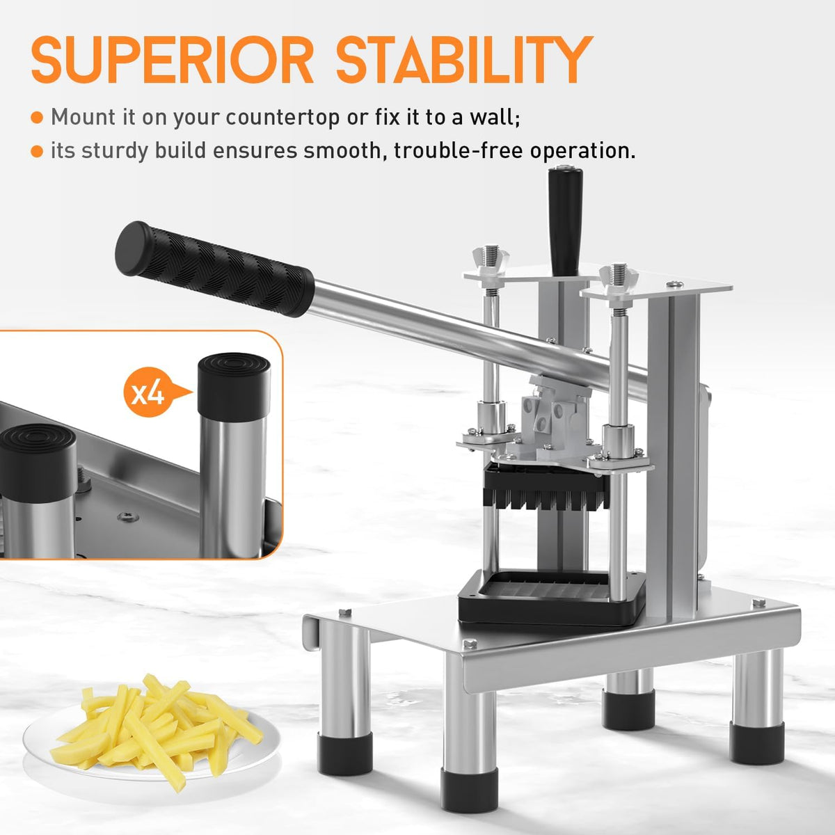 Commercial French Fry Cutter with Stainless Steel 3/8" Blades, Heavy Duty Lemon Potato Cutter for French Fries with Extended Handle, Potato Slicer for Home and Restaurant Use