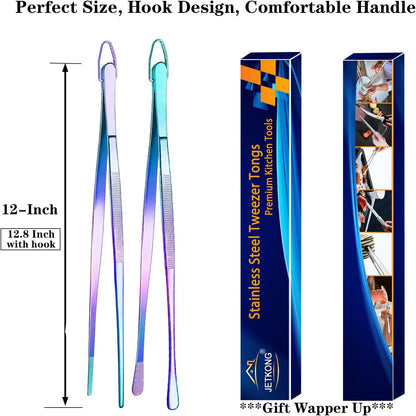 2 Pcs 12-Inch Kitchen Tweezers Fine Tweezer Tongs, Extra-Long Stainless Steel Cooking Tweezers (Silver)