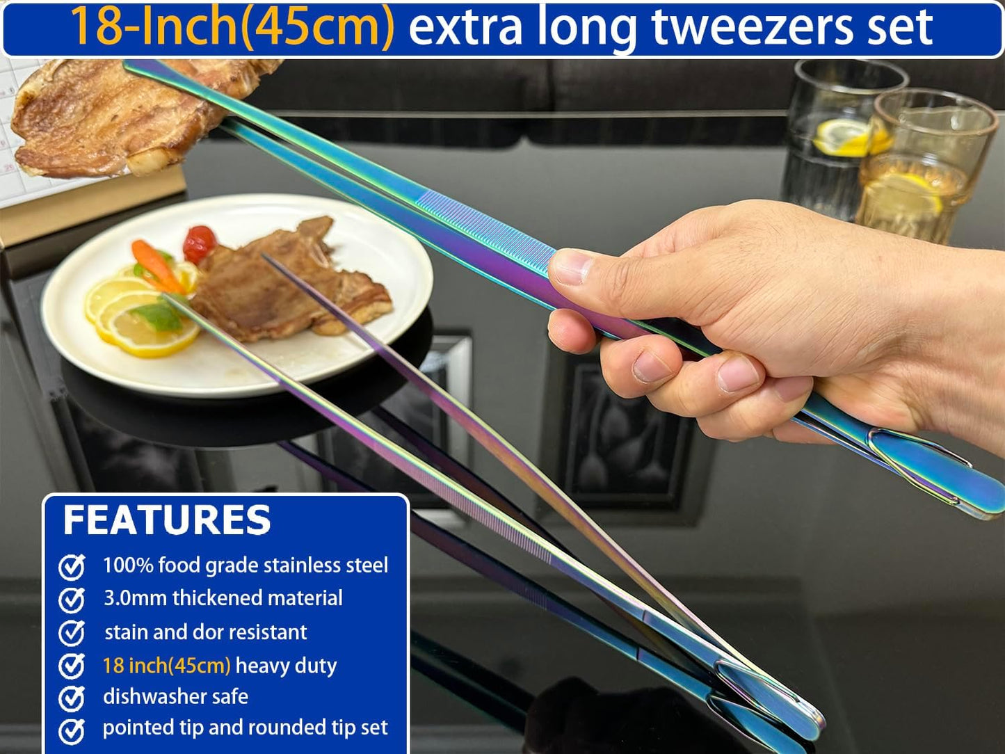 2 Pcs 12-Inch Kitchen Tweezers Fine Tweezer Tongs, Extra-Long Stainless Steel Cooking Tweezers (Silver)
