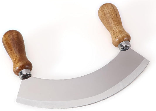 6.8 Inch Stainless Steel Mezzaluna Knife - Salad Chopper Rocker Pizza Cutter Rocker Knife Curved Blade Sharp Blade Double Acacia Wood Handle Fruit Vegetable Mincing (6.8 Inch Silver)