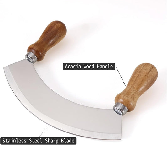 6.8 Inch Stainless Steel Mezzaluna Knife - Salad Chopper Rocker Pizza Cutter Rocker Knife Curved Blade Sharp Blade Double Acacia Wood Handle Fruit Vegetable Mincing (6.8 Inch Silver)