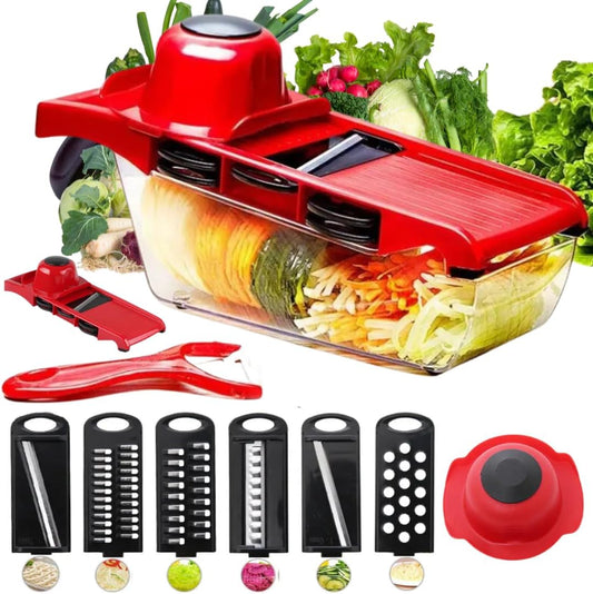 Vegetable Chopper, 10-Piece Set Multi-functional, Food and Veggie Chopper Slicer Cutter, Food Dicer with Container - 6 Blades, 1 Vegetable Cutter Body, PC Container and 1 Hand Guard