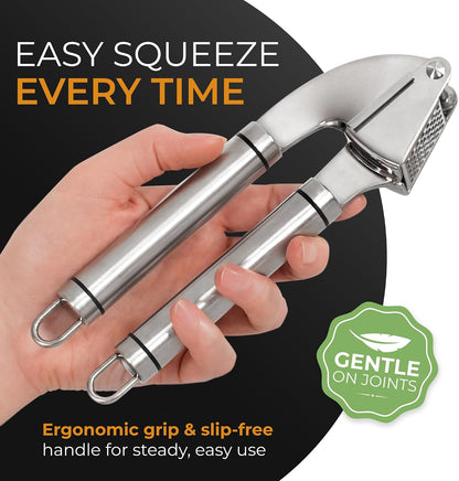Garlic Press Stainless Steel - Premium Professional Grade Garlic Mincer, Crusher & Peeler Set - Easy Clean, Dishwasher Safe & Rust-proof