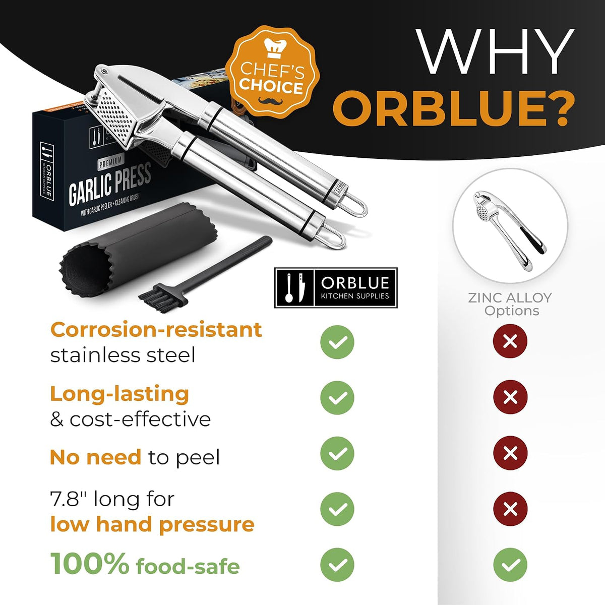 Garlic Press Stainless Steel - Premium Professional Grade Garlic Mincer, Crusher & Peeler Set - Easy Clean, Dishwasher Safe & Rust-proof