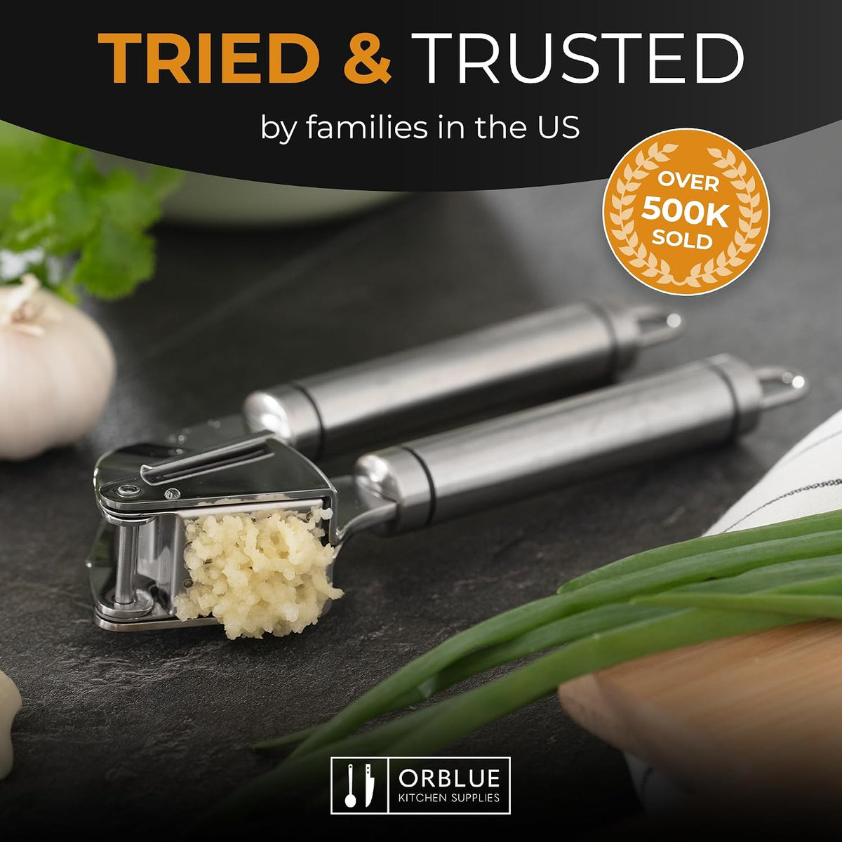 Garlic Press Stainless Steel - Premium Professional Grade Garlic Mincer, Crusher & Peeler Set - Easy Clean, Dishwasher Safe & Rust-proof