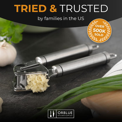 Garlic Press Stainless Steel - Premium Professional Grade Garlic Mincer, Crusher & Peeler Set - Easy Clean, Dishwasher Safe & Rust-proof