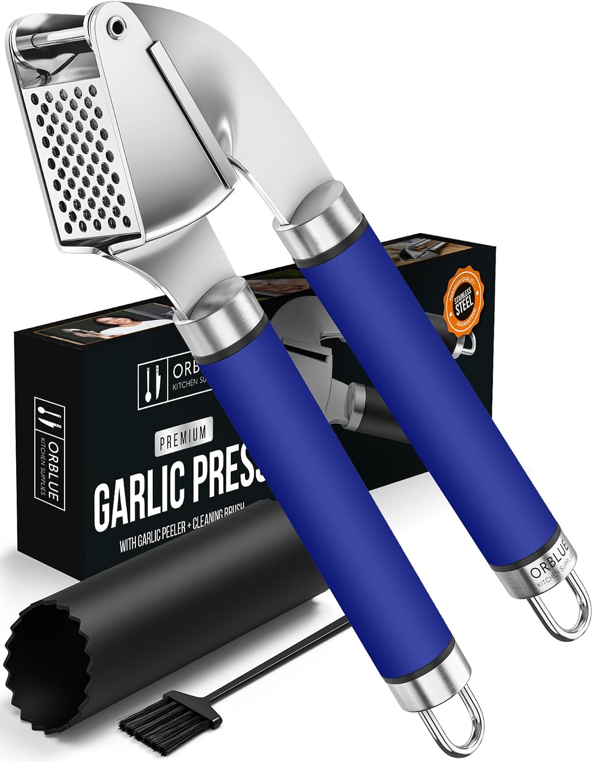 Garlic Press Stainless Steel - Premium Professional Grade Garlic Mincer, Crusher & Peeler Set - Easy Clean, Dishwasher Safe & Rust-proof