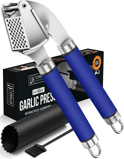 Garlic Press Stainless Steel - Premium Professional Grade Garlic Mincer, Crusher & Peeler Set - Easy Clean, Dishwasher Safe & Rust-proof