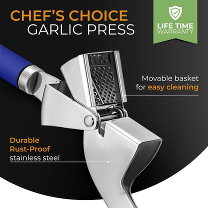 Garlic Press Stainless Steel - Premium Professional Grade Garlic Mincer, Crusher & Peeler Set - Easy Clean, Dishwasher Safe & Rust-proof