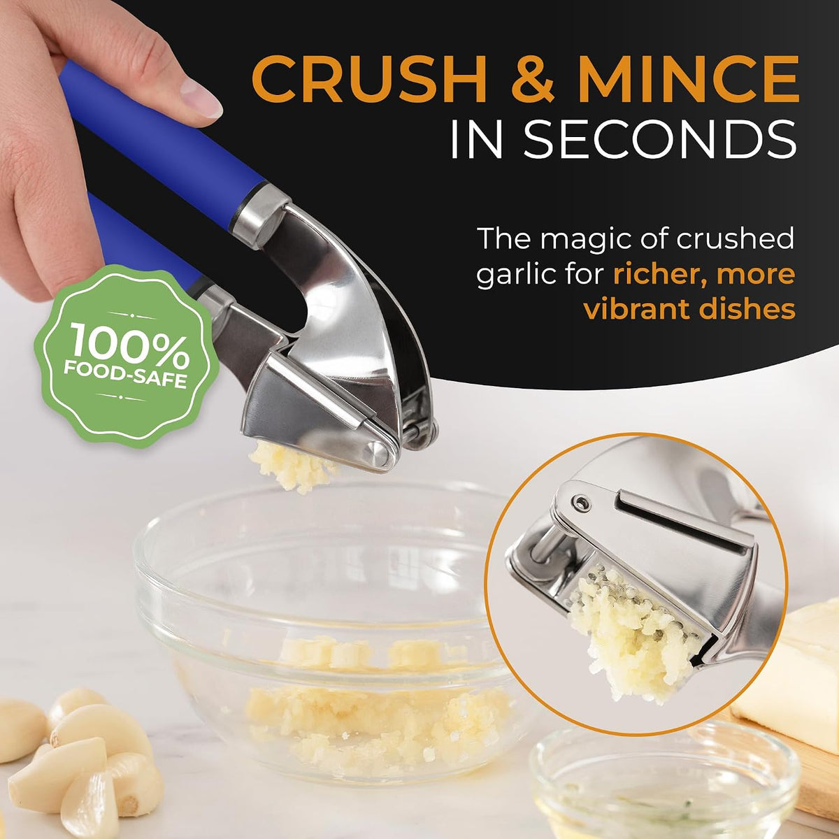 Garlic Press Stainless Steel - Premium Professional Grade Garlic Mincer, Crusher & Peeler Set - Easy Clean, Dishwasher Safe & Rust-proof