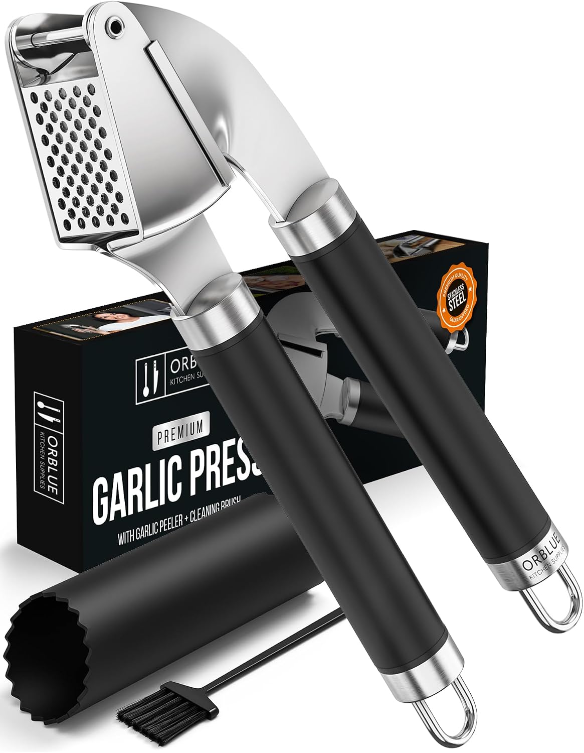 Garlic Press Stainless Steel - Premium Professional Grade Garlic Mincer, Crusher & Peeler Set - Easy Clean, Dishwasher Safe & Rust-proof