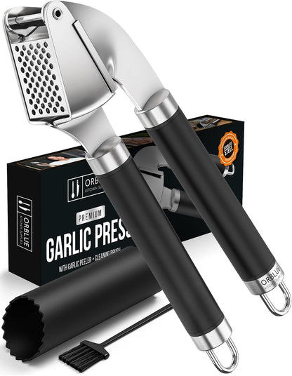 Garlic Press Stainless Steel - Premium Professional Grade Garlic Mincer, Crusher & Peeler Set - Easy Clean, Dishwasher Safe & Rust-proof