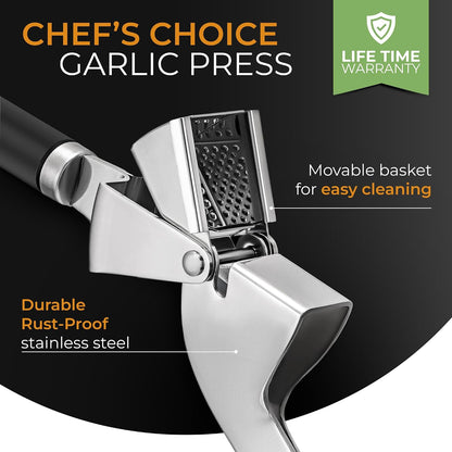 Garlic Press Stainless Steel - Premium Professional Grade Garlic Mincer, Crusher & Peeler Set - Easy Clean, Dishwasher Safe & Rust-proof
