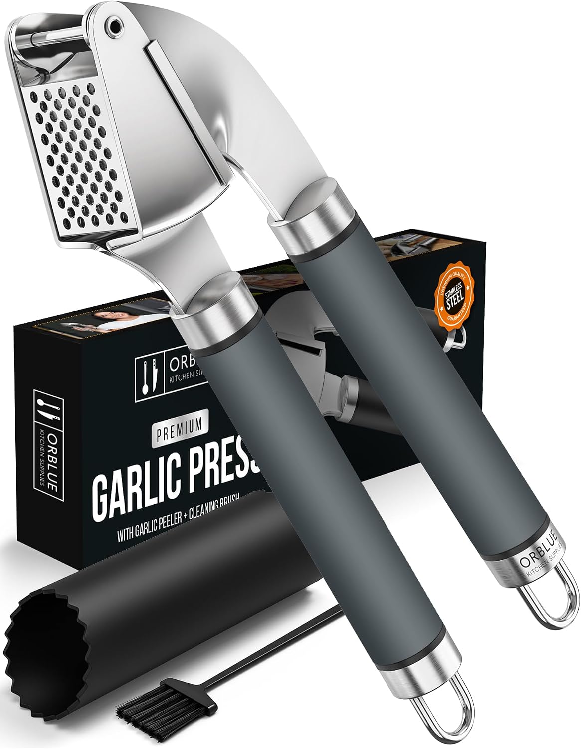 Garlic Press Stainless Steel - Premium Professional Grade Garlic Mincer, Crusher & Peeler Set - Easy Clean, Dishwasher Safe & Rust-proof