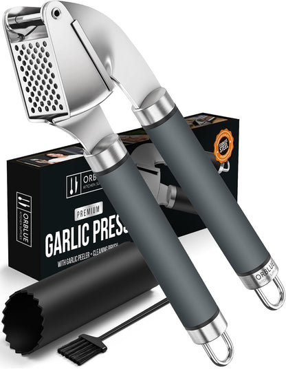 Garlic Press Stainless Steel - Premium Professional Grade Garlic Mincer, Crusher & Peeler Set - Easy Clean, Dishwasher Safe & Rust-proof