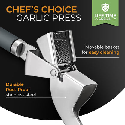 Garlic Press Stainless Steel - Premium Professional Grade Garlic Mincer, Crusher & Peeler Set - Easy Clean, Dishwasher Safe & Rust-proof
