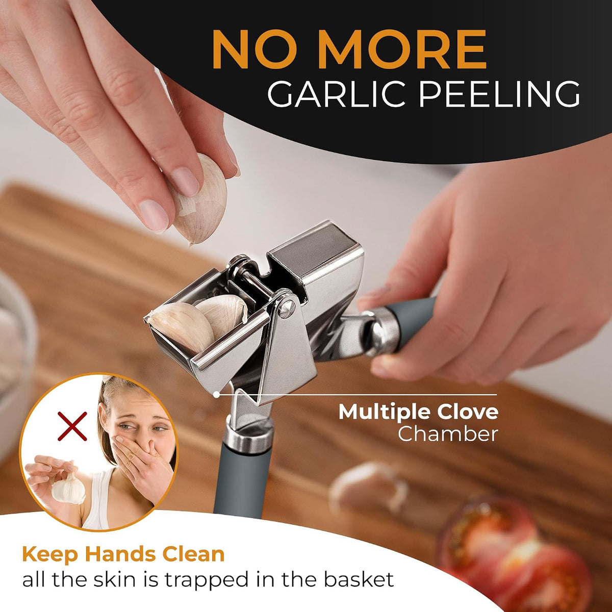 Garlic Press Stainless Steel - Premium Professional Grade Garlic Mincer, Crusher & Peeler Set - Easy Clean, Dishwasher Safe & Rust-proof