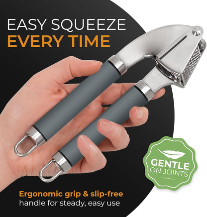 Garlic Press Stainless Steel - Premium Professional Grade Garlic Mincer, Crusher & Peeler Set - Easy Clean, Dishwasher Safe & Rust-proof