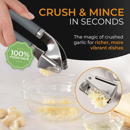 Garlic Press Stainless Steel - Premium Professional Grade Garlic Mincer, Crusher & Peeler Set - Easy Clean, Dishwasher Safe & Rust-proof