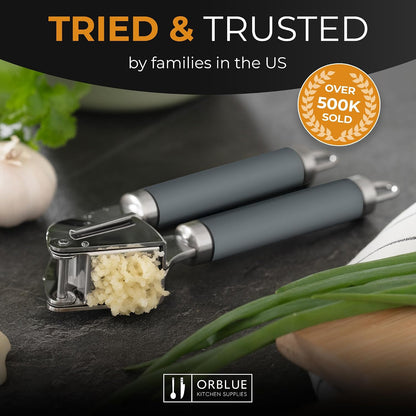 Garlic Press Stainless Steel - Premium Professional Grade Garlic Mincer, Crusher & Peeler Set - Easy Clean, Dishwasher Safe & Rust-proof