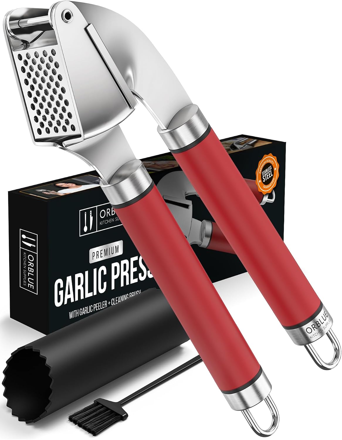 Garlic Press Stainless Steel - Premium Professional Grade Garlic Mincer, Crusher & Peeler Set - Easy Clean, Dishwasher Safe & Rust-proof